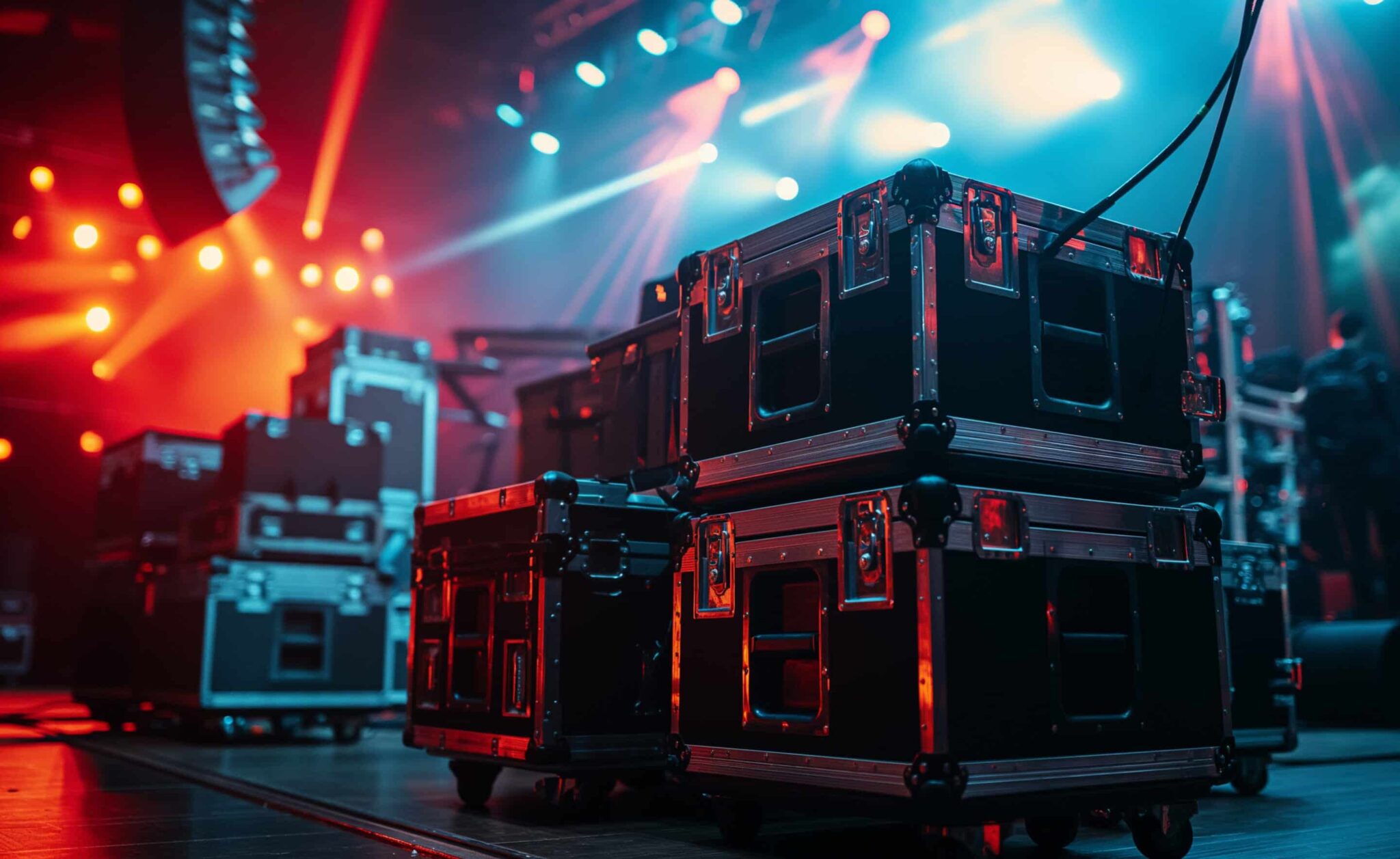 Flight-cases de matériel son et lumière alignés au pied d'une scène, sous les faisceaux