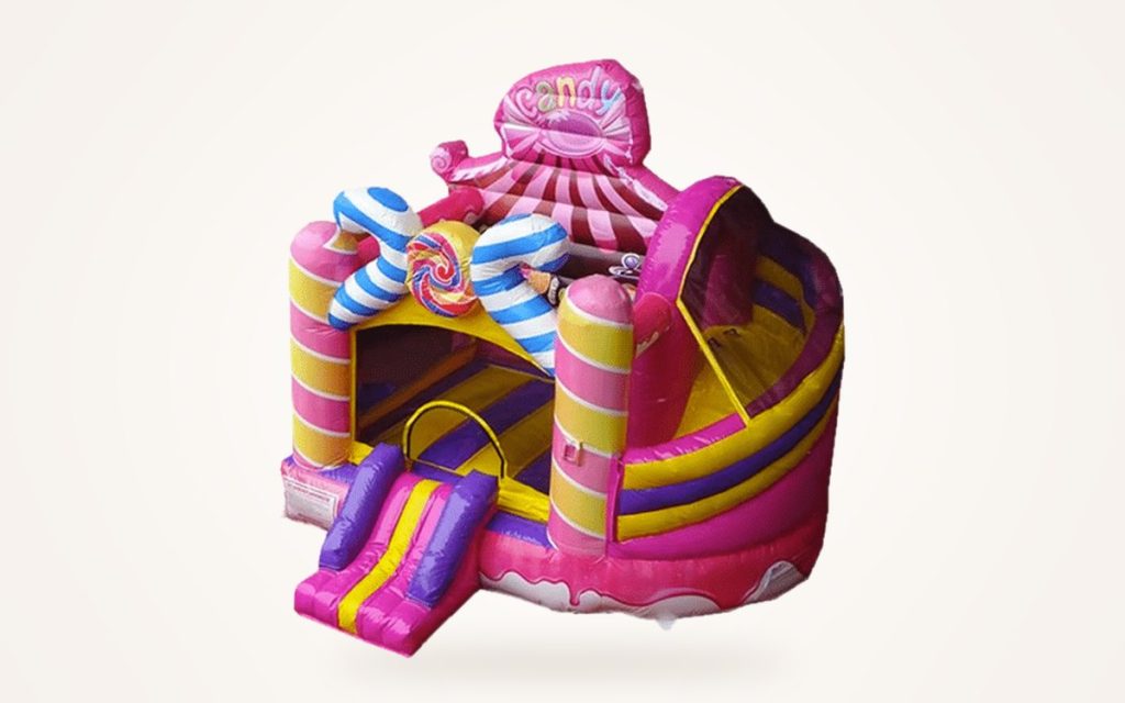 Château gonflable rose décoré de bonbons, pour les enfants de 2 à 5 ans