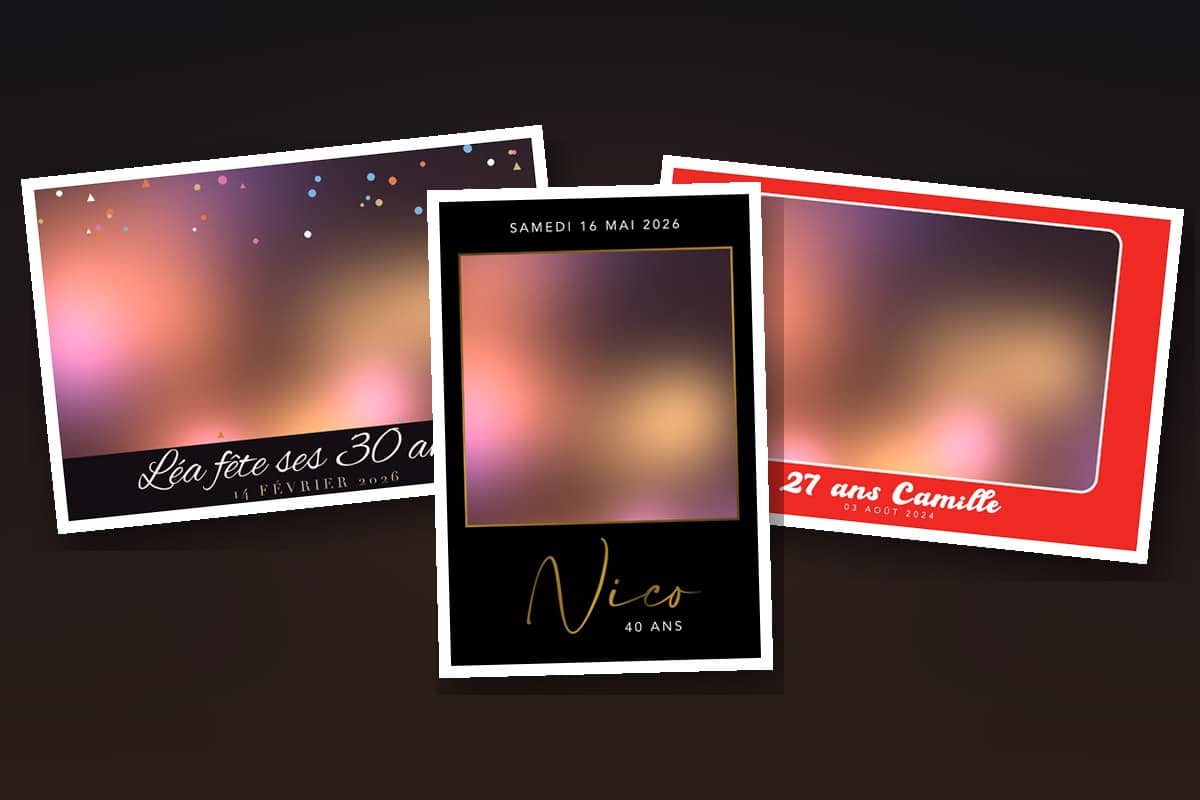 Trois tirages de la borne photo LORENTS personnalisés pour des anniversaires de 27, 30 et 40 ans