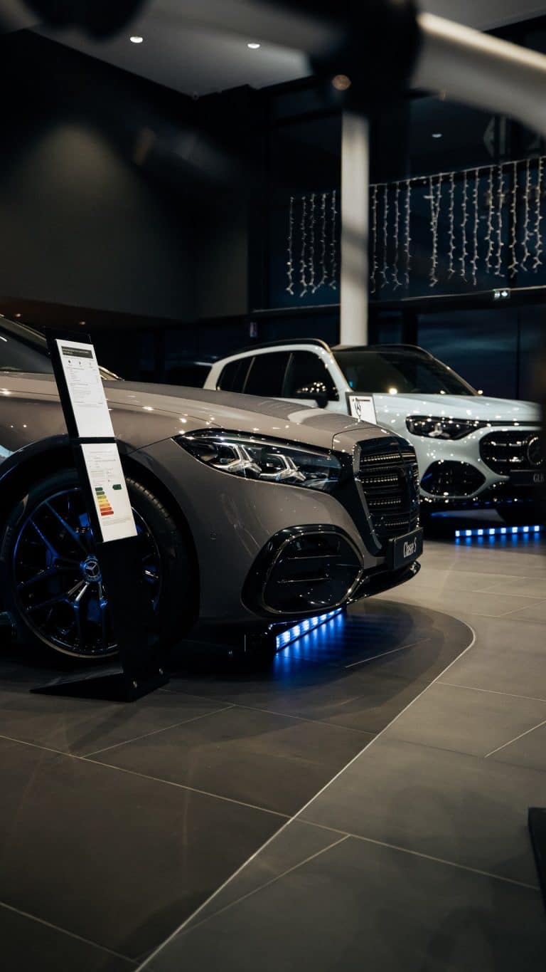 Mercedes Classe S grise de trois quarts avant dans le showroom, halo LED bleu au sol, guirlandes lumineuses derrière la baie vitrée