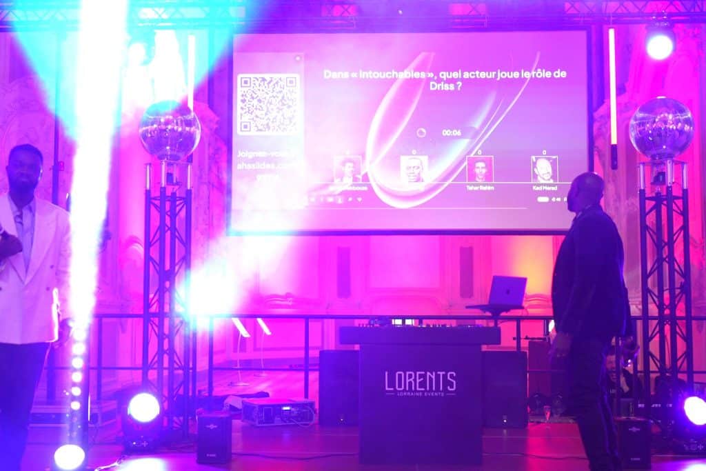 Question cinéma du quiz digital sur grand écran avec quatre réponses illustrées, cabine LORENTS