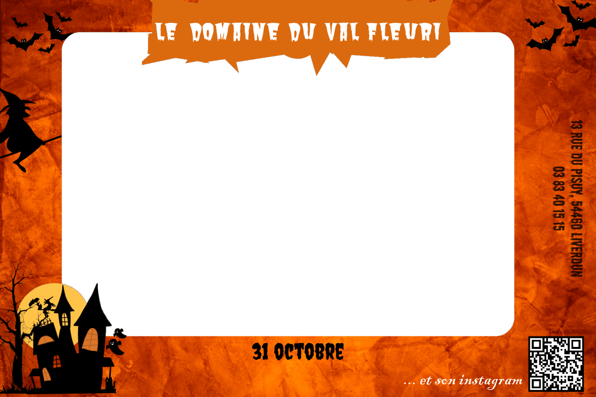 Modèle de tirage de borne selfie aux couleurs d'Halloween, chauves-souris et maison hantée, dessiné par LORENTS pour le Domaine du Val Fleuri