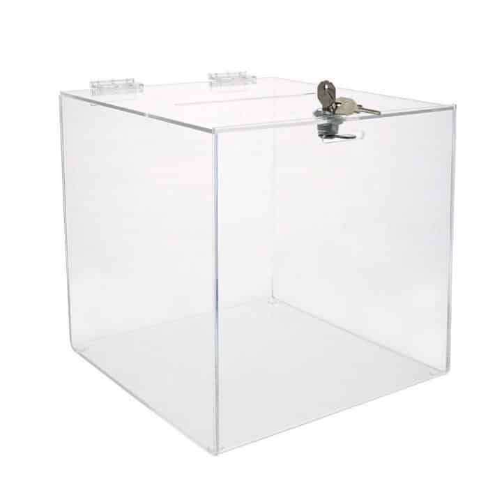 Urne en plexiglas transparent fermée à clé